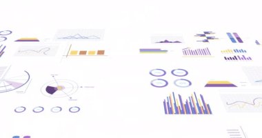 Beyaz arka plan üzerinden istatistik ve finansal veri işleme animasyonu. Küresel iş, finans, hesaplama, veri işleme, dijital arayüz ve bağlantılar konsepti dijital olarak oluşturulmuş video.