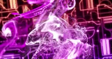 Devre kartının üzerinde pembe ağ, simgeler ve veri işleme animasyonları. Küresel veri işleme, dijital arayüz ve bağlantılar konsepti dijital olarak oluşturulmuş video.