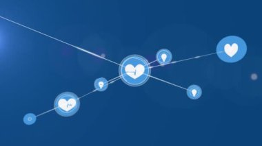 Animation of network of connections with icons over blue background. Global networks, business, finances, computing and data processing concept digitally generated video.