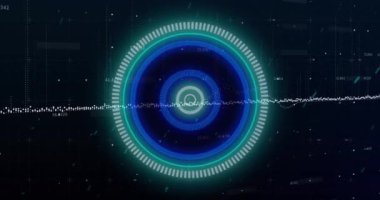 Veri işleme ve beyaz parçacıkların siyah arkaplan ile neon yuvarlak tarayıcı üzerinden animasyonu. Bilgisayar arayüzü ve iş teknolojisi kavramı