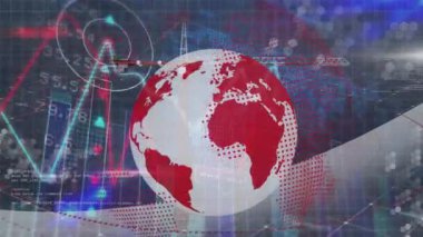 Animation of financial data processing over globe. Global business, finances, computing and data processing concept digitally generated video.