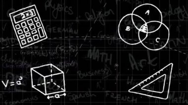 Siyah zemin üzerinde matematiksel ve bilimsel veri işleme animasyonu. Küresel bilim, bilgisayar ve veri işleme kavramı dijital olarak oluşturulmuş video.