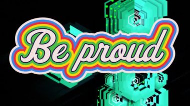 Çevredeki lgbtqi desenlerinin animasyonu, siyah arkaplana karşı altıgen desenler üzerinden gurur verici bir metin olacaktır. Dijital olarak üretilmiş, hologram, gurur, kutlama, soyut ve teknoloji kavramı.
