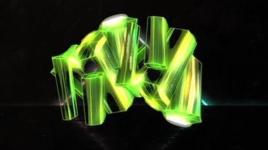 Neon şekillerin üzerinde hareket eden yeşil kristallerin animasyonu. Sosyal medya ve dijital arayüz konsepti dijital olarak oluşturulmuş video.