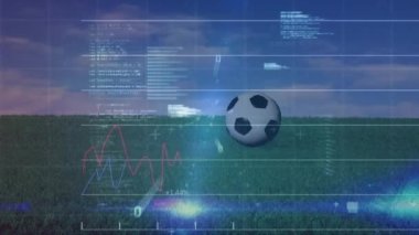 Futbol sahasında yeşil çizgiyle finansal veri işleme animasyonu. Küresel spor, iş, finans, bilgisayar ve veri işleme kavramı dijital olarak oluşturulmuş video.