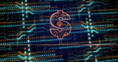 Devre kartının üzerinde Amerikan doları işareti ve veri işleme animasyonu. Küresel para birimi, veri işleme, dijital arayüz ve bağlantılar konsepti dijital olarak oluşturuldu.
