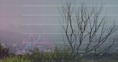 Animation of financial data processing over cityscape. Global business, finances, computing and data processing concept digitally generated video.
