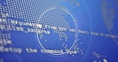 DNA ipliği, dünya haritası ve veri işleme animasyonu. Küresel bilim, araştırma, hesaplama ve veri işleme kavramı dijital olarak oluşturulmuş video.