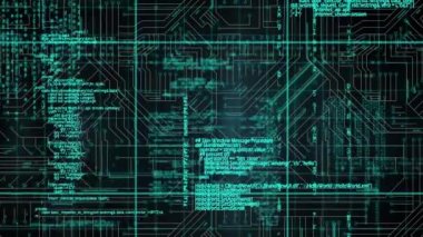 Bilgisayar dilinin, devre kartı deseniyle siyah arkaplan arasındaki animasyonu. Dijital olarak üretilmiş, hologram, illüstrasyon, anakart, güç kaynağı, kodlama ve teknoloji konsepti.