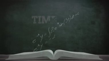 Kitap ve matematiksel denklemler yerine yeni bir metin için zamanın animasyonu. Küresel eğitim ve dijital arayüz kavramı dijital olarak oluşturulmuş video.