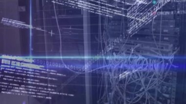 İkili kodlama animasyonu, bilgisayar sunucusu üzerinden finansal veri işleme. Küresel iş, finans, hesaplama ve veri işleme kavramı dijital olarak oluşturulmuş video.