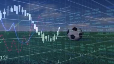 Futbol sahasında finansal veri işleme animasyonu. Küresel spor, iş, finans, bilgisayar ve veri işleme kavramı dijital olarak oluşturulmuş video.