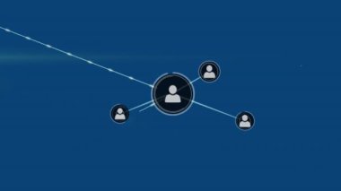 Animation of network of connections with icons over blue background. Global networks, business, finances, computing and data processing concept digitally generated video.