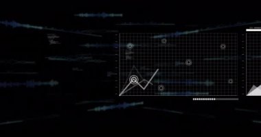 Veri işleme ve siyah arkaplan diyagramlarının animasyonu. Küresel iş ve dijital arayüz kavramı dijital olarak oluşturulmuş video.