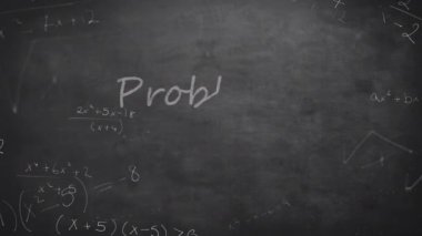 Sorunların çözümlerinin animasyonu ve siyah arkaplan üzerinde matematiksel veri işleme. Küresel eğitim, bilim, bilgisayar ve veri işleme kavramı dijital olarak oluşturulmuş video.