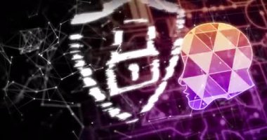 Çevrimiçi güvenlik kilidinin animasyonu, bilgisayar devre kartından veri işleme. Küresel çevrimiçi güvenlik, veri işleme, dijital arayüz ve bağlantılar konsepti dijital olarak oluşturuldu.