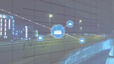 Finansal veri işlemenin animasyonu ve şehir manzarası üzerindeki bağlantı ağı. Küresel ağlar, işletmeler, finansmanlar, hesaplama ve veri işleme kavramı dijital olarak oluşturuldu.