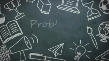 Okul ögeleri simgeleri üzerinden problem çözümü metninin animasyonu. Küresel eğitim ve dijital arayüz kavramı dijital olarak oluşturulmuş video.