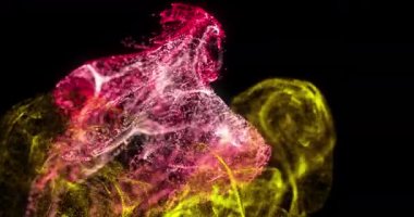 Çok renkli noktaların animasyonu siyah arkaplana karşı dinamik dalgalar oluşturuyor. Dijital olarak üretilmiş, hologram, illüstrasyon, aydınlatılmış, veri, bağlantı, fütüristik, parçacık ve teknoloji.
