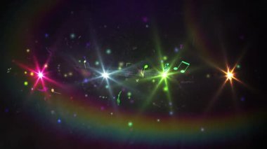 Siyah arka planda müzik notaları olan merceklerin canlandırılması. Dijital olarak üretilmiş, hologram, illüstrasyon, aydınlanma, semboller, soyut ve teknoloji kavramı.