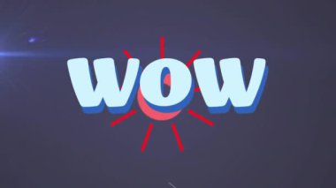 Merceğin üzerinde geometrik şekiller olan wow metninin canlandırması soyut arkaplana karşı alevlenir. Dijital olarak üretilmiş, hologram, illüstrasyon, şaşkınlık, hayranlık, heyecan ve aydınlatılmış konsept.