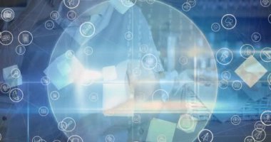 Kafkasyalı üst düzey bir adamın akıllı telefondan konuşması üzerine dijital simge ağının animasyonu. Küresel ağ ve iş teknolojisi kavramı