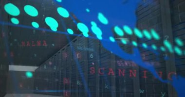 Sunucu odasında veri işleme ve dünya haritası animasyonu. küresel iş ve dijital arayüz kavramı dijital olarak oluşturulmuş video.