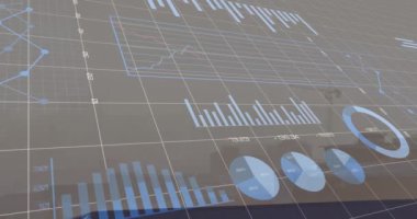 Animation of financial data processing over cityscape. Global business, finances, computing and data processing concept digitally generated video.