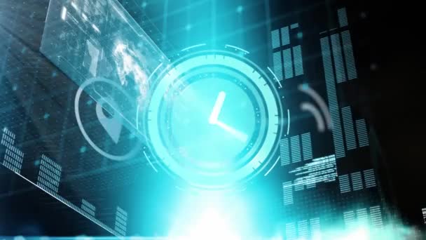 Animation Clock Ticking Data Processing Screens Global Business Finances Computing — Stock Video