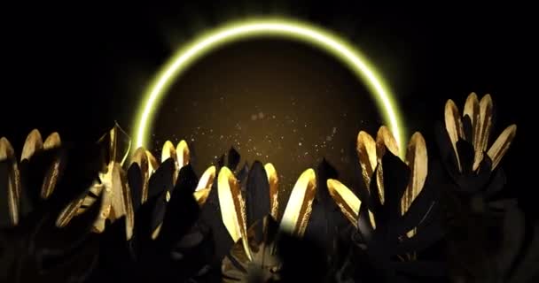Animazione Foglie Tropicali Oro Con Cerchio Neon Giallo Sfondo Marrone — Video Stock