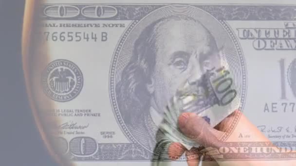 Animação Queima Notas Dólar Americano Mão Acenando Notas Euro Conceito — Vídeo de Stock