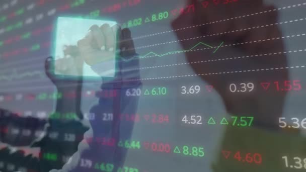 Animação Processamento Dados Financeiros Sobre Punhos Conceito Global Negócios Finanças — Vídeo de Stock