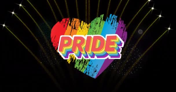 Animace Pyšného Textu Duhového Srdce Ohňostroje Explodující Černém Pozadí Pride — Stock video