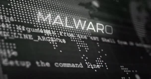Animace Malware Textu Mapě Světa Zpracování Dat Černém Pozadí Technologie — Stock video