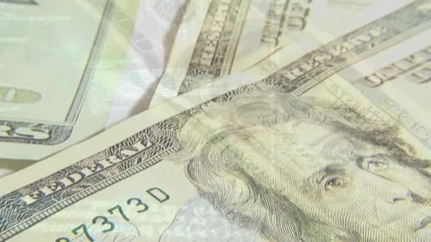 Animatie Van Bankbiljetten Van Amerikaanse Dollars Die Vallen Gegevensverwerking Mondiale — Stockvideo