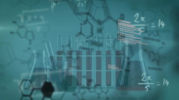 Animation Chemischer Strukturen Und Mathematischer Gleichungen Über Nahaufnahmen Von Reagenzgläsern — Stockvideo