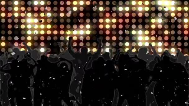 Animatie Van Dansende Schaduw Van Mensen Verlichte Cirkels Tegen Abstracte — Stockvideo