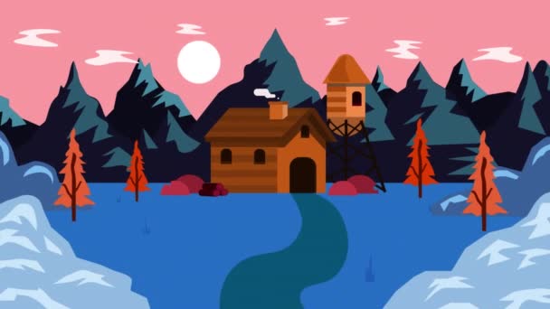 Animação Paisagem Casa Com Chaminé Fumegante Montanhas Abstrato Fundo Conceito — Vídeo de Stock