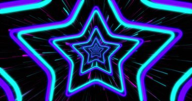 Siyah zemin üzerindeki ışık izlerinin üzerindeki mavi yıldızların bileşimi. Soyut arkaplan, renk ve şablon kavramı dijital olarak oluşturuldu.