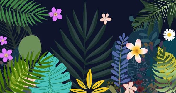 Bild Von Dschungelblumen Und Blättern Auf Schwarzem Hintergrund Umwelt Nachhaltigkeit — Stockfoto