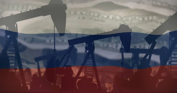 ロシアの旗の上にポンプジャックのイメージ 石油ビジネス エネルギー 経済の概念デジタルで生成されたイメージ — ストック写真