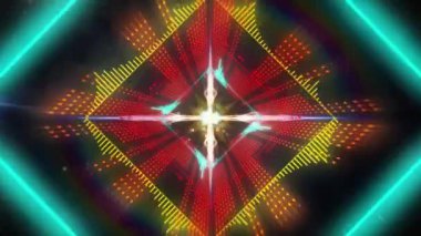 Dijital tünelin üzerindeki neon şekillerin animasyonu. Geçmişe dönük gelecek ve dijital arayüz kavramı dijital olarak oluşturulmuş video.