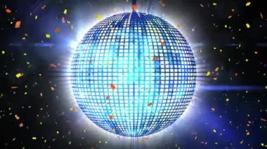 Siyah arka planda dönen disko topunun üzerine düşen konfeti animasyonu. Parti ve kutlama konsepti dijital olarak oluşturuldu.