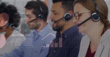 Animation of financial data processing over diverse business people working in office. Global business, finances, computing and data processing concept digitally generated video.