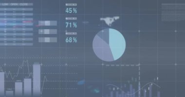Gri arka planda finansal veri işleme sisteminin animasyonu. Küresel iş, finans, hesaplama ve veri işleme kavramı dijital olarak oluşturulmuş video.