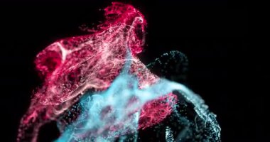 Parlayan noktaların animasyonu siyah arkaplana karşı dinamik dalgalar oluşturuyor. Dijital olarak üretilmiş, hologram, illüstrasyon, aydınlatılmış, veri, bağlantı, fütüristik, parçacık ve teknoloji konsepti.