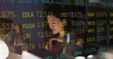 Ofiste çalışan Asyalı iş kadınının finansal veri işleme animasyonu. Küresel iş, finans, hesaplama ve veri işleme kavramı dijital olarak oluşturulmuş video.