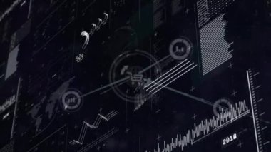 Grafikler, daireler ve siyah arkaplan üzerindeki çizgilerle bağlantılı simgelerin canlandırılması. Dijital olarak üretilmiş, hologram, iletişim, küreselleşme, rapor ve iş kavramı.