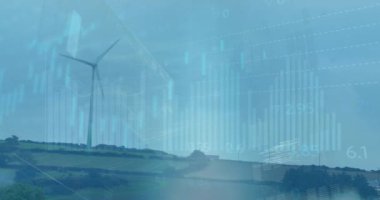 Rüzgar türbini üzerinde veri işleme animasyonu. küresel iş, ekoloji ve dijital arayüz kavramı dijital olarak oluşturulmuş video.