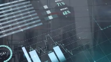 Şehir manzarası üzerindeki istatistik ve finansal veri işleme animasyonları. Dijital arayüz, iş dünyası, finans, hesaplama ve veri işleme kavramı dijital olarak oluşturuldu.